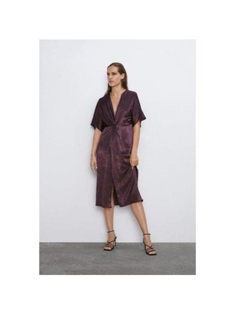 Zara Brown Satin Sheen Dress With Knotted Detail & Deep V-Neckline